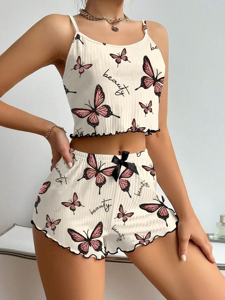 Women’s Fashion Butterfly Print Ribbed Cami Top and Shorts Two-Piece Pajama Set Comfortable Loungewear