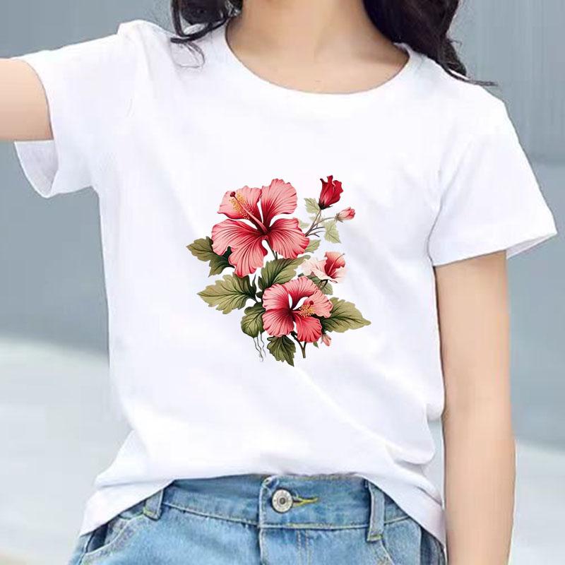 Kids Cotton T Shirt Pink Hibiscus Flower Print Crew Neck Short Sleeve Tee Casual Breathable Boys Girls Summer Tops