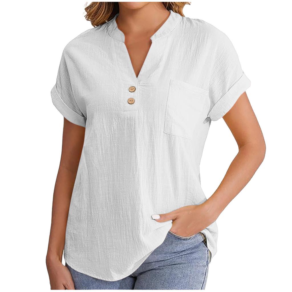 Women's Solid Color V-neck Short Sleeve Button Shirt In Breathable Cotton Linen with Washed Wrinkle, Fashionable European/American Style