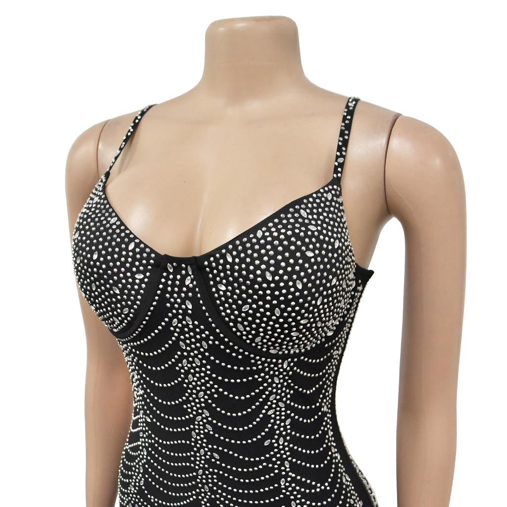 Women's Fashion Long Dress: Solid Color Mesh with Hot Drilling and Strappy Design