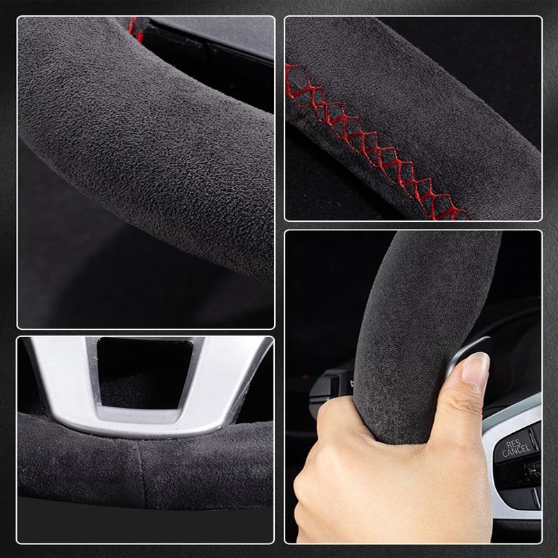 37-38cm Universal Suede Car Steering Wheel Cover, DIY Hand Sewing, Black Soft Leather Braiding Cover for Auto Steering Wheel