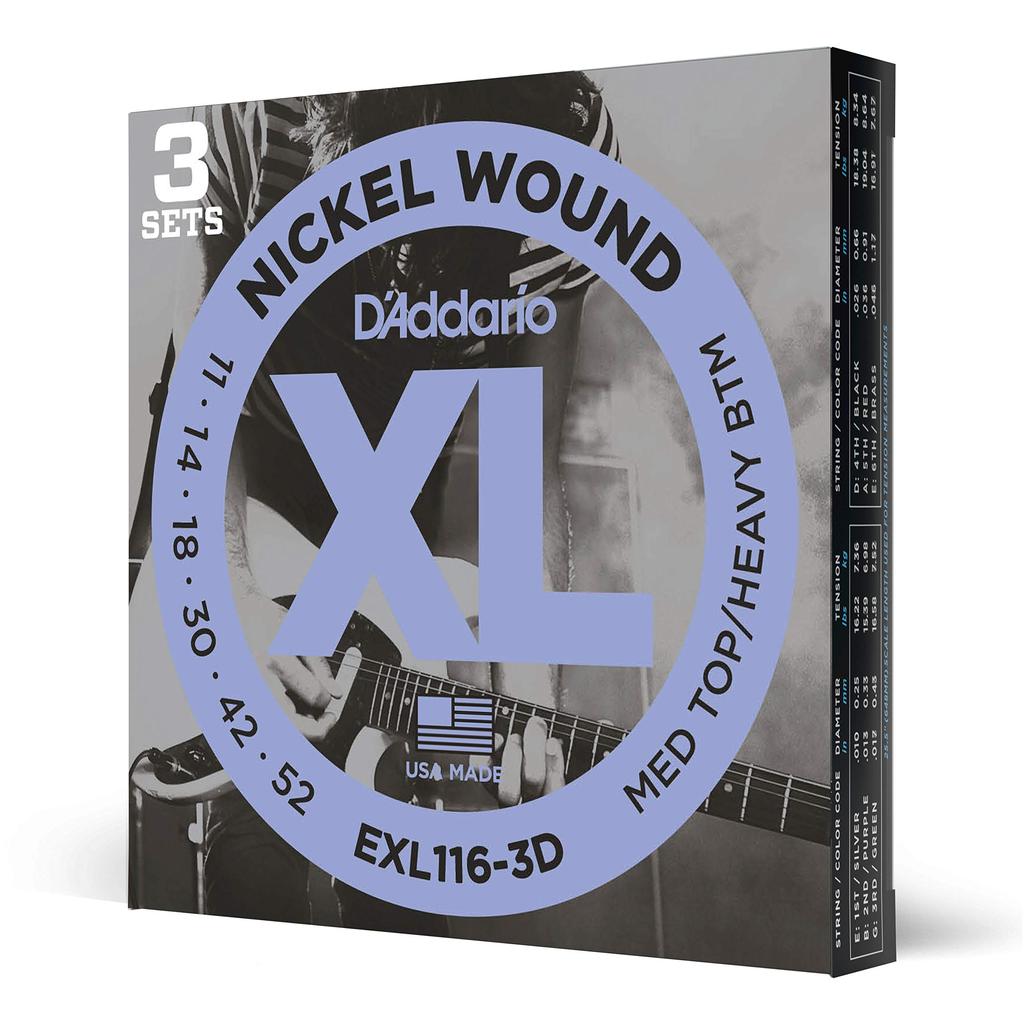 Electric Guitar XL Medium D'Addario Strings, Nickel, .011-.052, Top/Heavy Bottom, 3-Pack, EXL116-3D