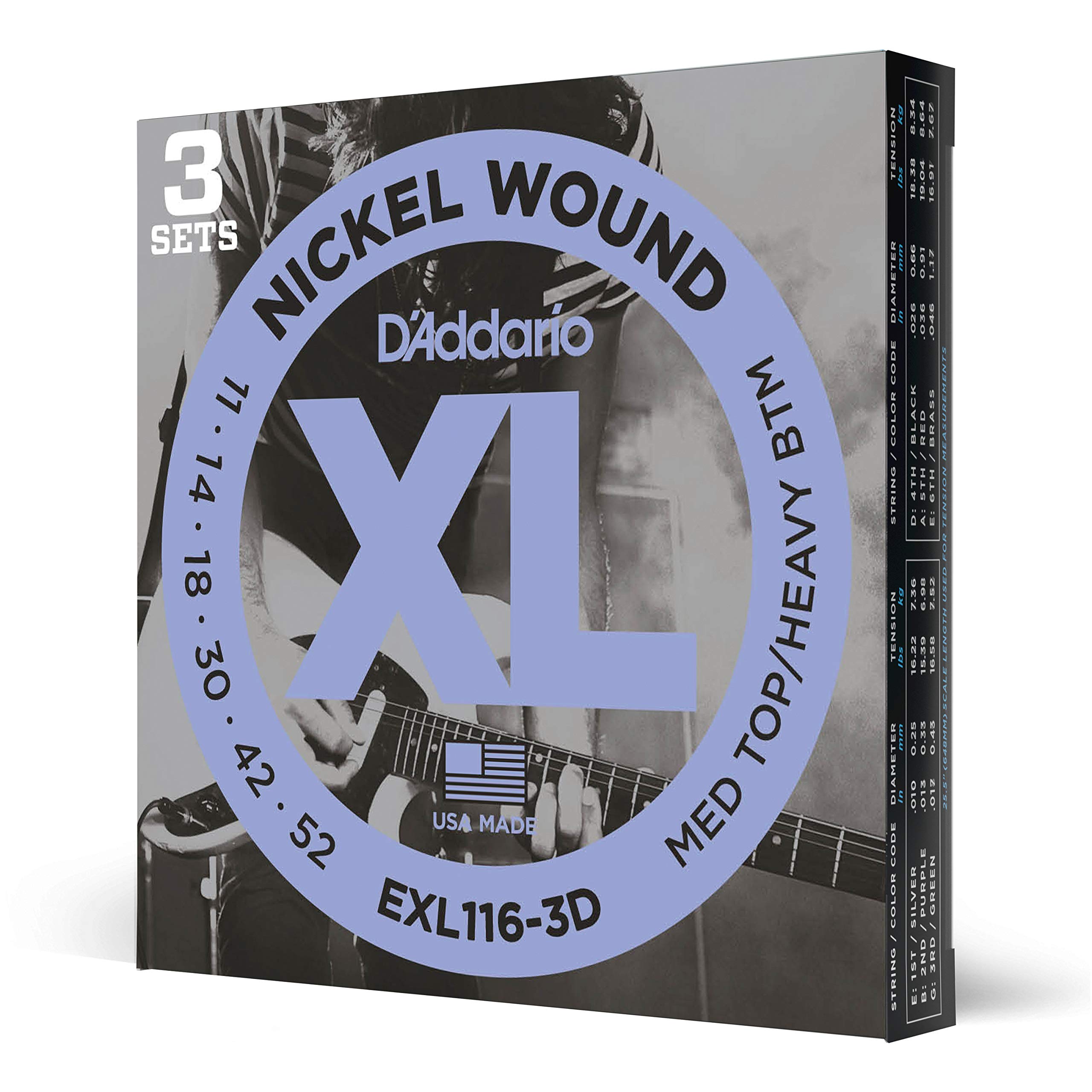 

Electric Guitar XL Medium D Addario Strings, Nickel, .011-.052, Top/Heavy Bottom, 3-Pack, EXL116-3D
