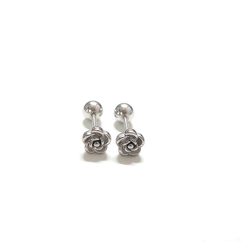 French Camellia 3D Rose Stud Earrings for Women - Titanium Steel Cartilage Screw Earrings