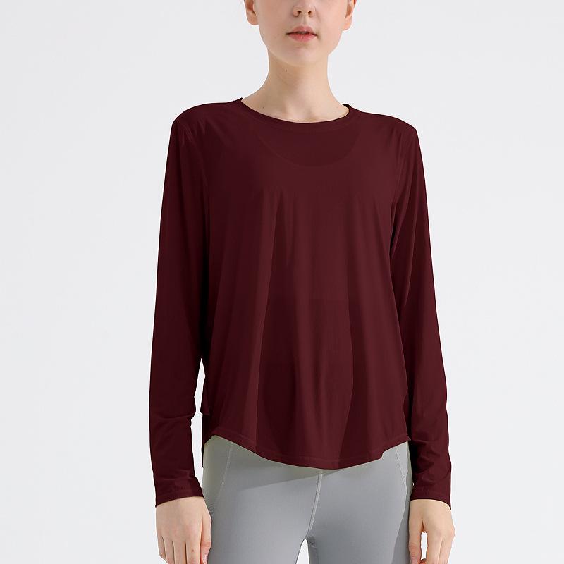 Women's Breathable Long Sleeve Round Neck Yoga Top - Slim Fit Running Fitness T-Shirt
