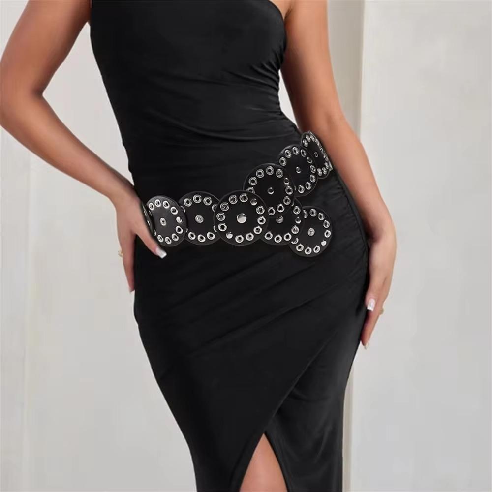 Retro Rivet Wide Belt Y2k Concho Waistband Fashion Disc PU Hollow Belt  Girls