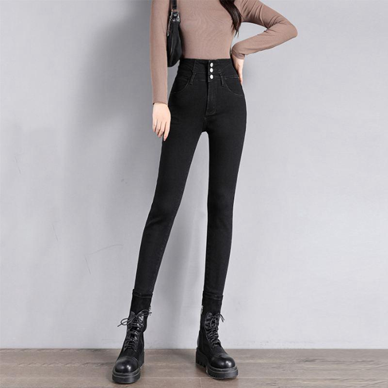 Women's High-Waisted Fleece-Lined Skinny Jeans, Black, Slim-Fit, 2024 Autumn/Winter Collection