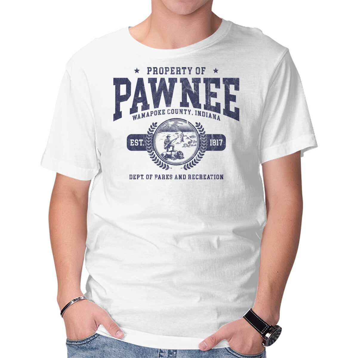 Unisex Crew Neck T-Shirt Property Of Pawnee Graphic Short Sleeve Casual Tee M