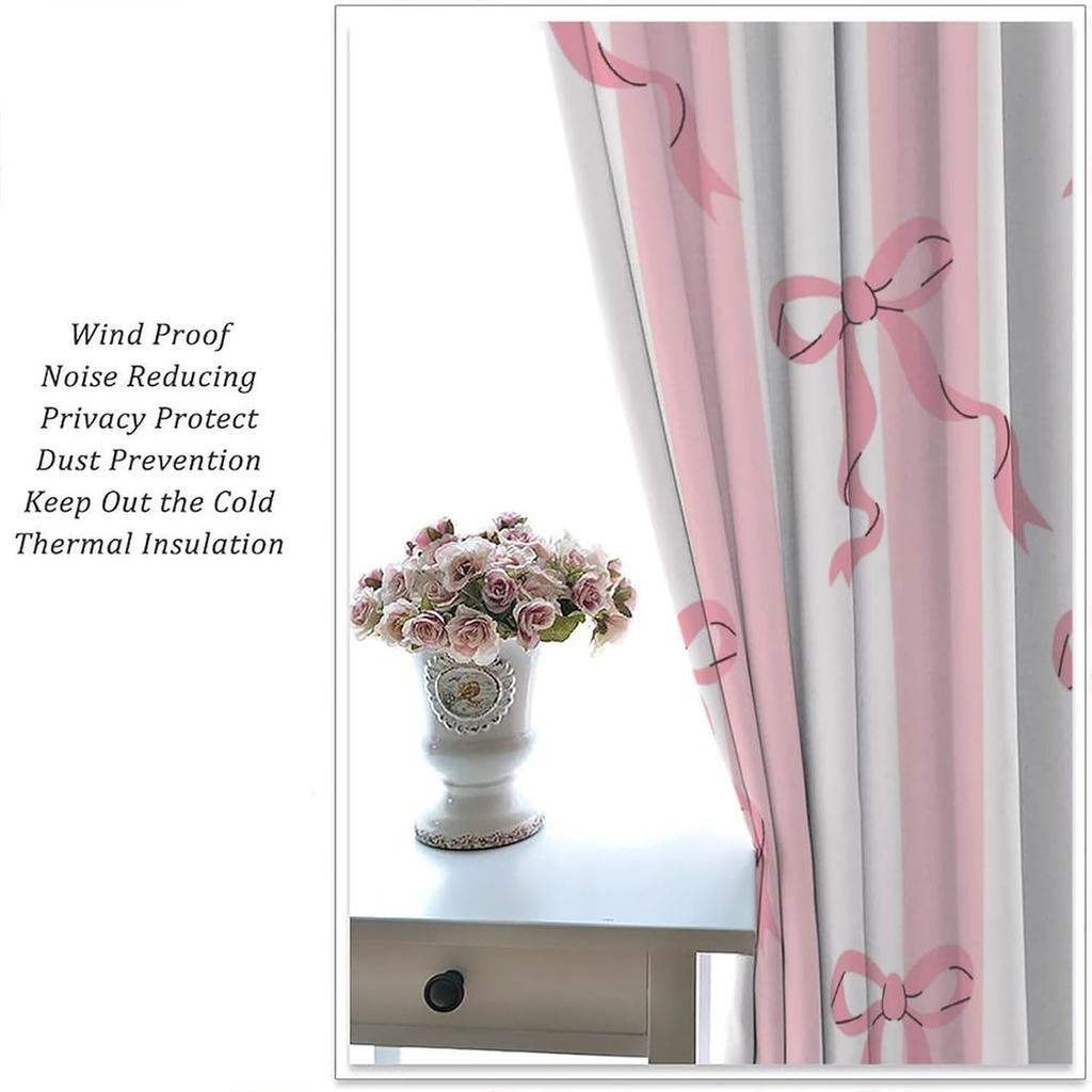 Stripe Curtains Red Ribbon Bow Stripes White Pink Background Window Treatments Insulated Drapes Panels Thermal Made Of Polyester