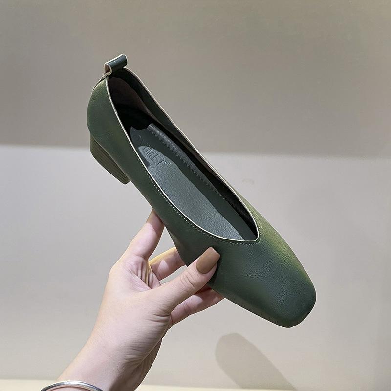 Leather 3.5cm thick heel middle heel single shoes women's spring and autumn new French square head professional work non-grinding feet grandma shoes