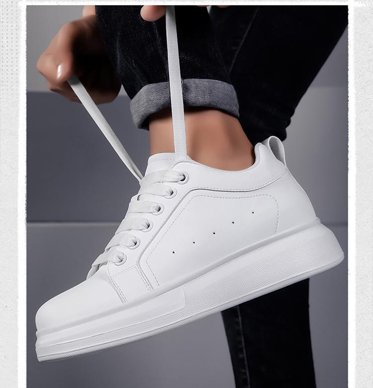 Men's White Height-Increasing Sneakers with Thick Sole, Invisible Inner Lift, and Casual Style, Large Sizes Available, 10cm Boost.