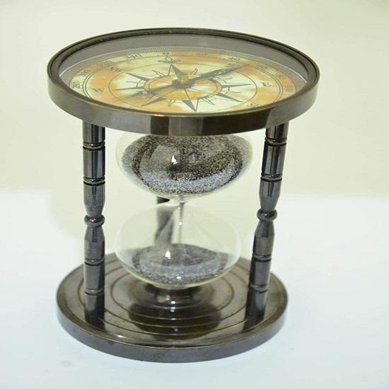 Brass Handmade Sand Timer Hourglass Sand with Compass, Finish Beautiful Handcrafted Sand Timer Ideal by Blue Globe Export