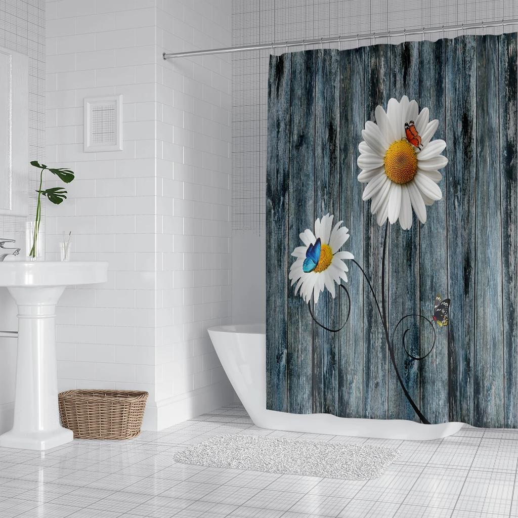 1 piece of 180x180cm wooden board with daisy pattern printed shower curtain partition, waterproof and mold resistant