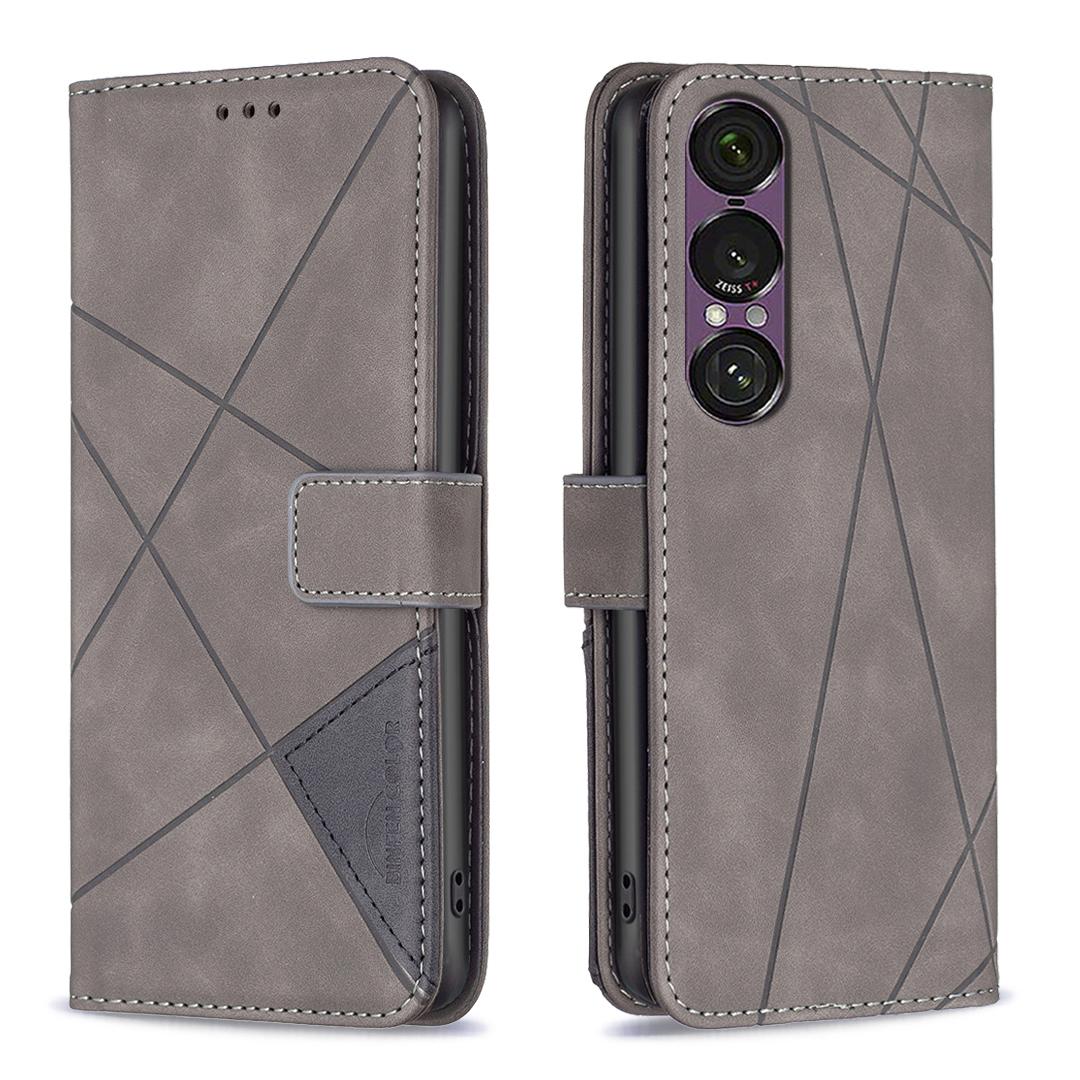 

For Sony Xperia 1 VII Phone Case BINFEN COLOR Wallet Stand Geometry Imprinted Leather Cover Grey