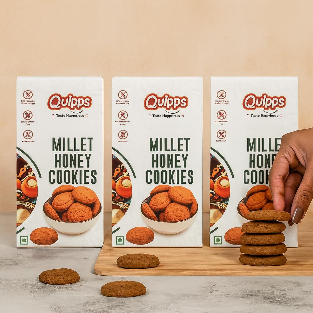 Quipps Premium Millet Honey Cookies | Pack of 3 (200g Each) | Healthy Millet Biscuits Made with Natural Honey & Whole Wheat | 100% Natural