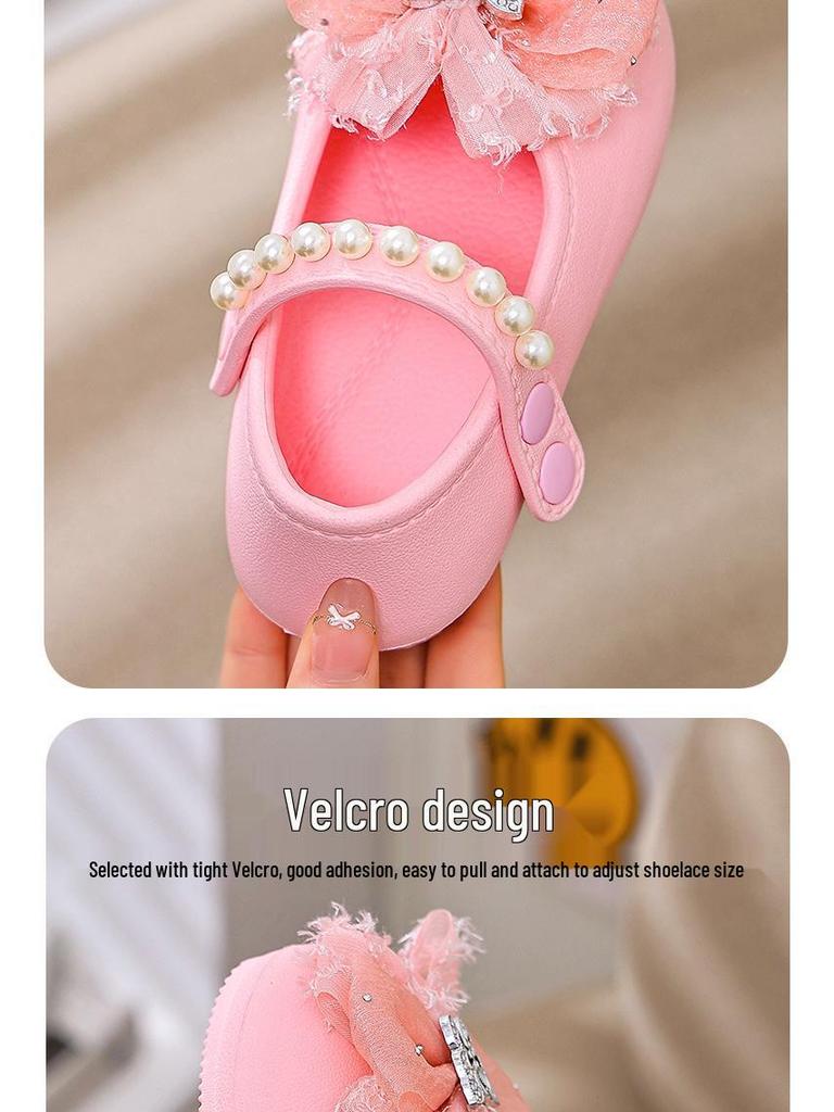 Little Girl Princess Bow Pearl Shoes - Spring/Autumn Soft Sole Sandals with a New Chinese Fragrance Style.