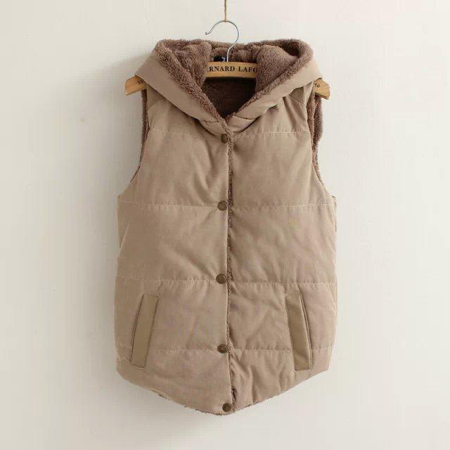 Women Coat Vest Coral Cotton Leather Fleece Hooded Patchwork for Female Outerwear Waistcoat