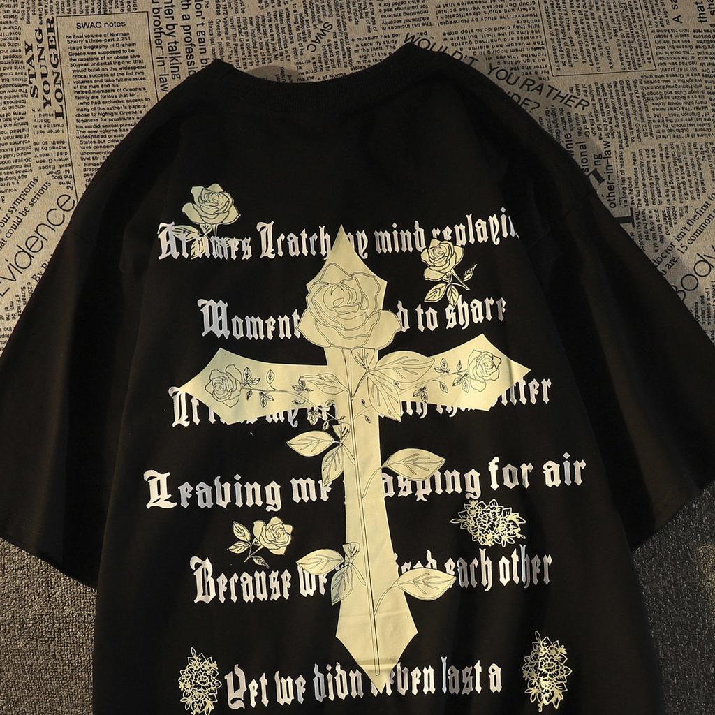 Retro Dark Rose Cross Loose Trendy Summer Tshirt 100 Cotton Cool Comfortable Versatile Adult Mens Daily Wear Soft Breathable