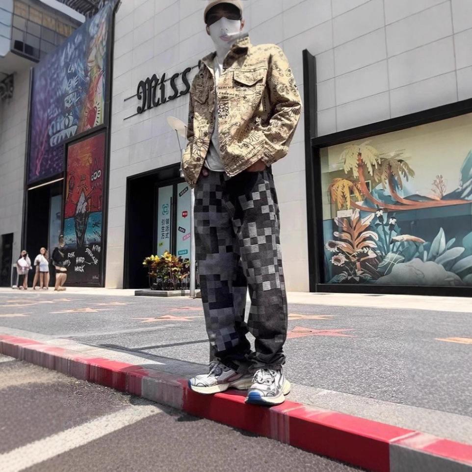Internet celebrity mosaic checkerboard jeans men s trendy brand ruffian handsome fried street pants American high street vibe straight pants S чёрный