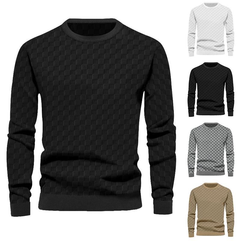 Men S Long Sleeve Crew Neck Checkerboard Jacquard Knit Sweater Casual Top