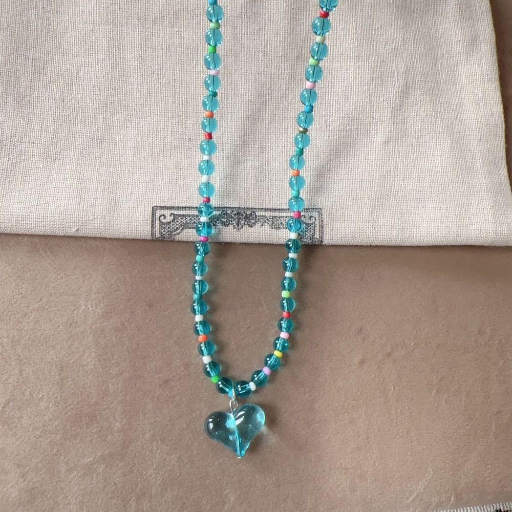 Beaded Y2K Choker Korean Style Clavicle Chain Transparent Love Heart Necklace  Jewelry Accessories