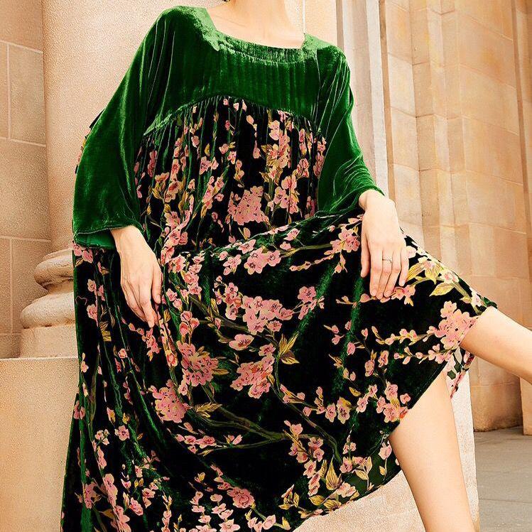 

Весеннее золотое бархатное жаккардовое женское длинное платье винтажное свободное женское платье с принтом 4XL зелёный