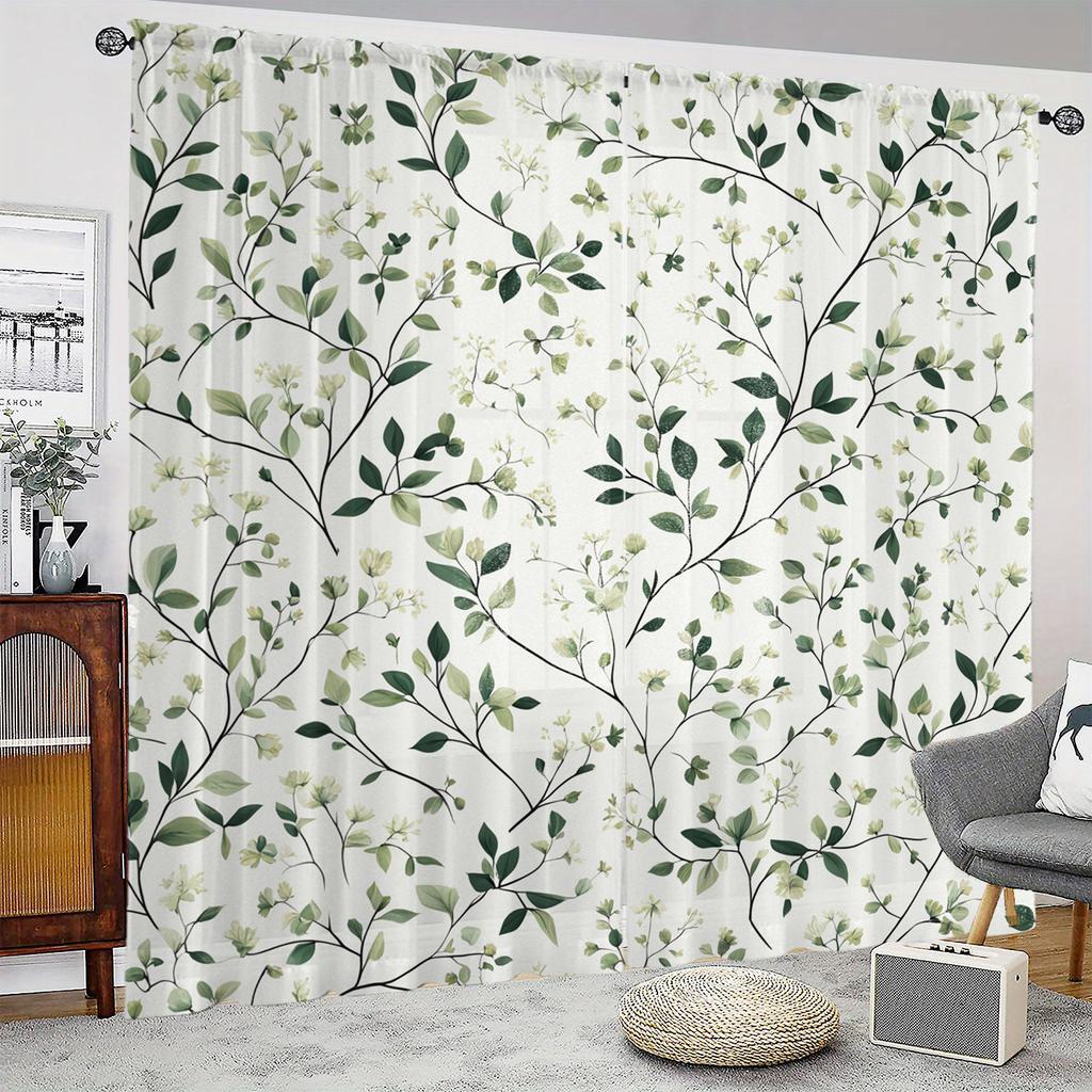 2-Piece Floral Tulle Curtains With Green Leaf Pattern, Polyester, Suitable For Bedroom And Living Room, Machine Washable