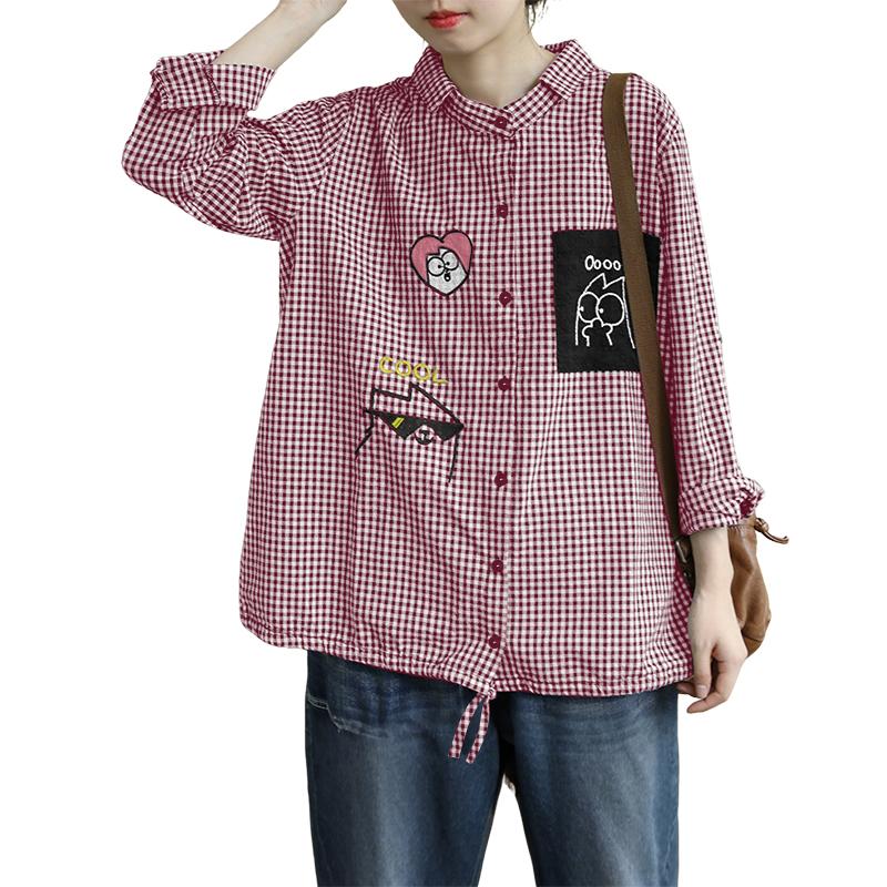 

ZANZEA Women Casual Turn Down Collar Loose Long Sleeve Grid Print Blouse 3XL вина червоного кольору