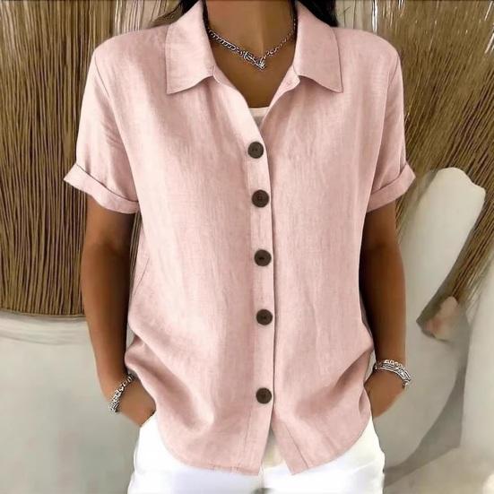 Women Tops Lapel Short Sleeve Buttons Placket Shirt Tops Pure Color Loose Fit Casual Style Shirt Home Dates Versatile Wear