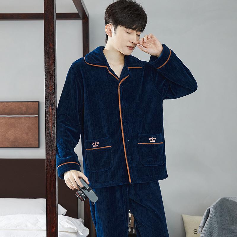Men's Autumn Winter Flannel Pajamas, Stand Collar, Zipper, Outdoor-Ready Coral Fleece Homewear