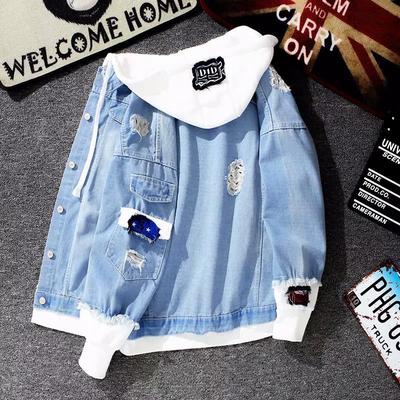 Spring and Autumn Splicing Fake Two Piece Cowboy Jacket Korean Edition Trendy Casual Versatile Loose Workwear Hooded Casual Jacket