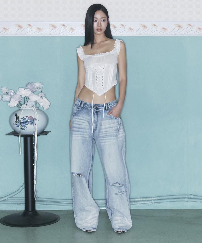 Peullijeunopallou 25Damaged Washing Wide Denim (Ice Blue)