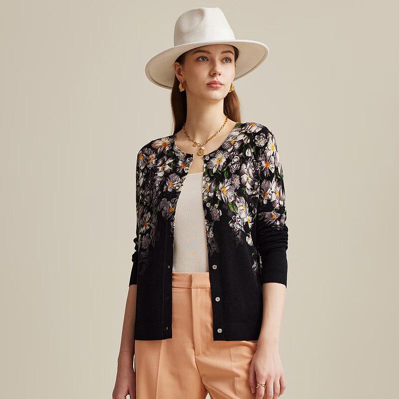 Women's Fine Wool Floral Print Round Neck Cardigan