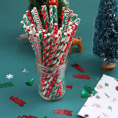 100 Pcs Paper Straws Diversed Food Grade Degradable Christmas Style Disposable Table Decoration Safe Snowflake Print Xmas Drinking Straw for Party