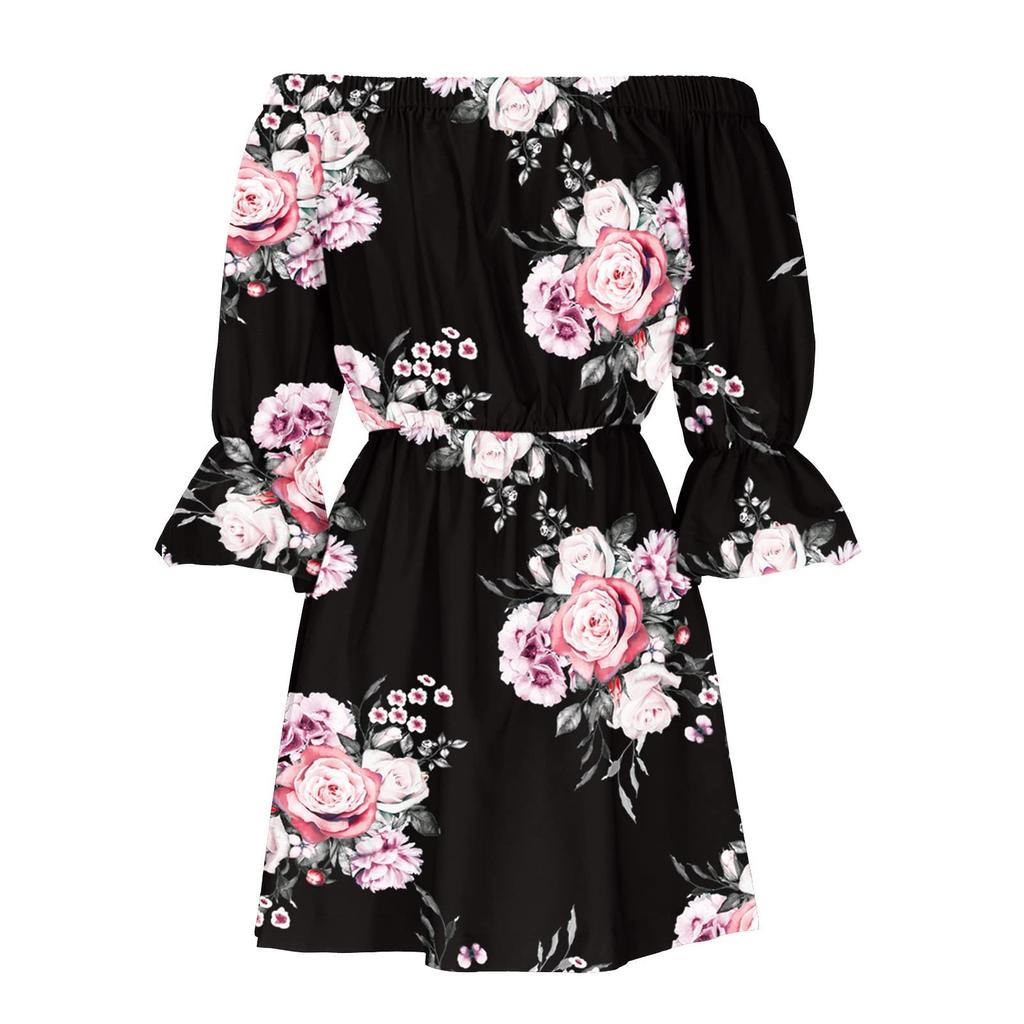 Ladies Casual Sexy One Shoulder Mid Waist Printed Ruffle Sleeve  A-Line Dress