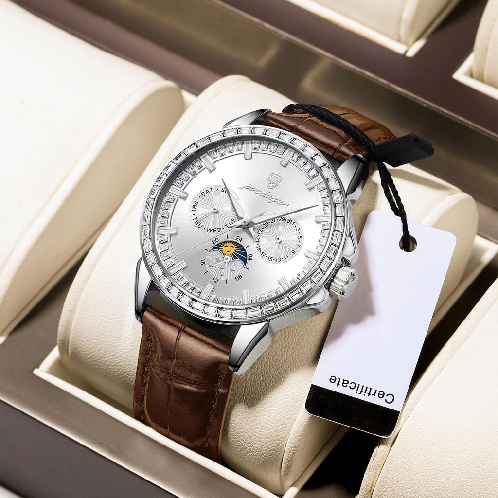 Herren-Quarzuhr mit Diamantenbesatz, Drei-Augen-Sechs-Zeiger-Mondphasen-Zifferblatt, Wasserdichte Herrenuhr mit Leuchtzeigern für Business und Freizeit, Geschenk für die Feiertage