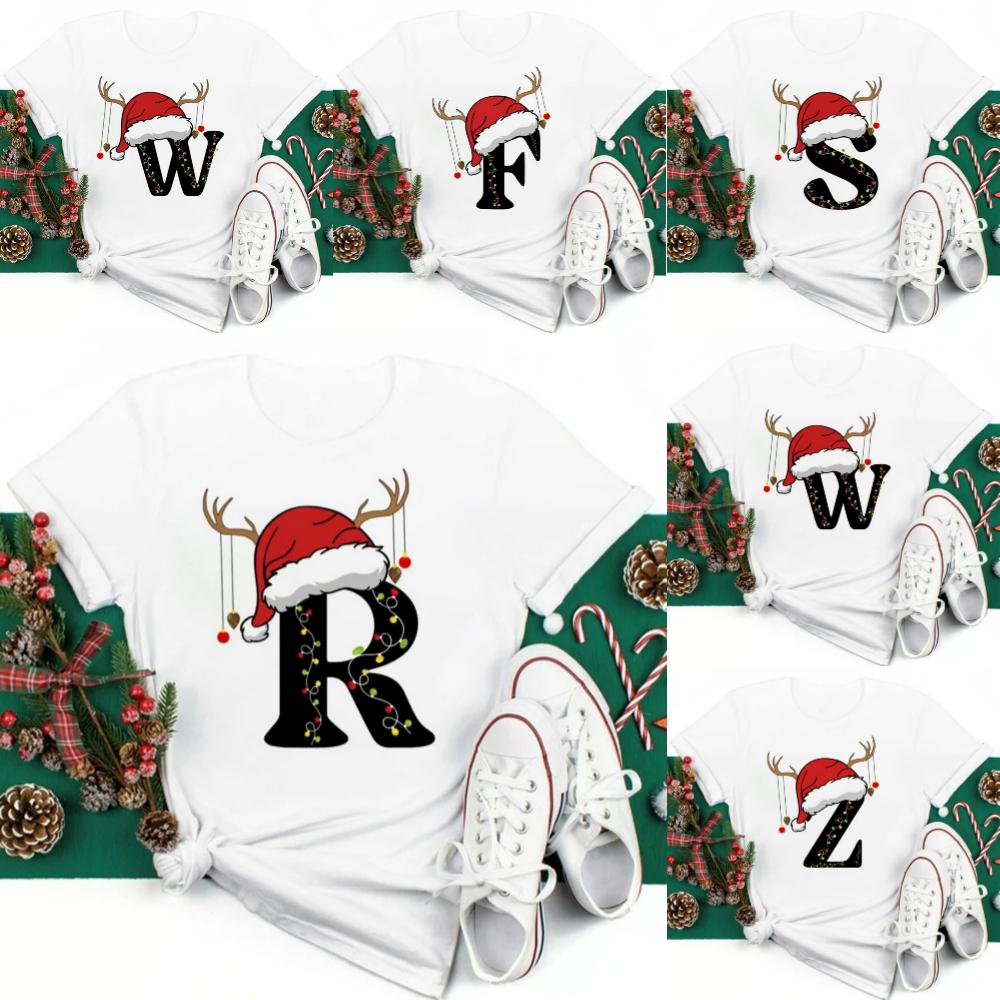 Christmas Hat A To Z Letters Oversize Tshirt Christmas Family Gathering Activity Shortsleeved Shirt Oversize Streetwear Fashion