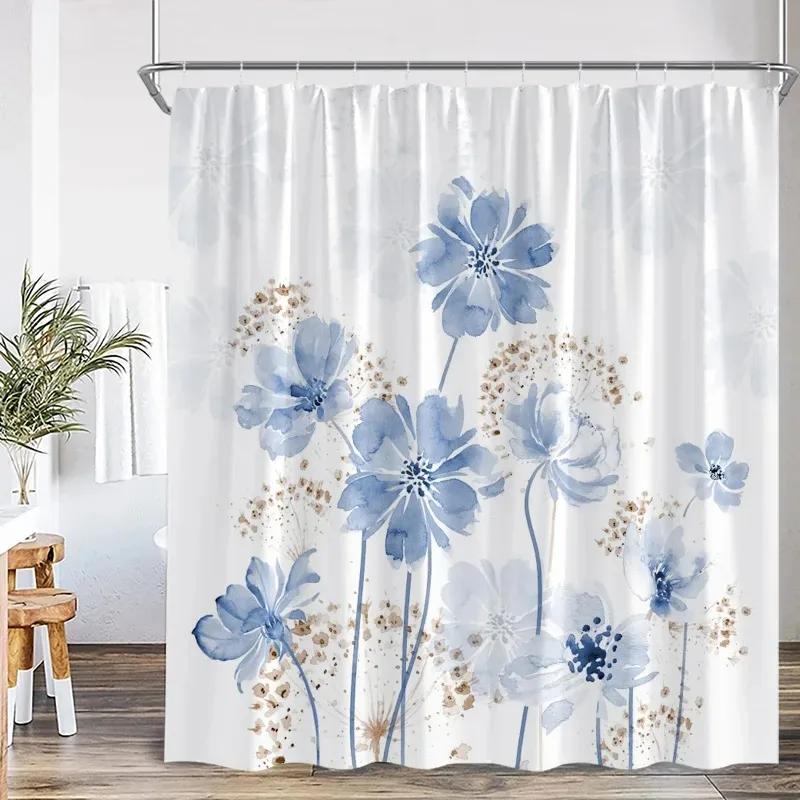 Blue Leaf Watercolor Plant Shower Curtain Modern Minimalist Home Bathroom Decorative Fabric Shower Curtain with Hook