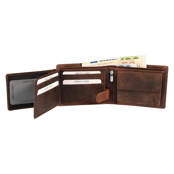 Portefeuille homme - AKZENT - RFID horizontal tête de mort - Cuir véritable - Marron - Bouton-pression