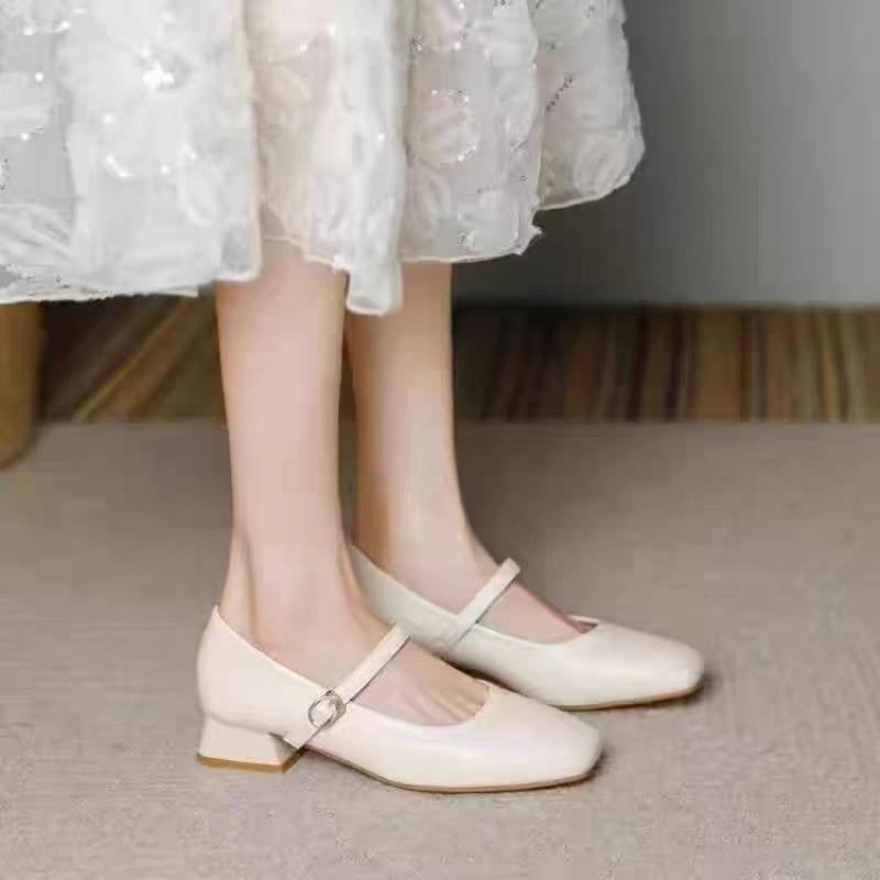 Retro square head Mary Jane women's shoes autumn new versatile high heels thick heel light mouth single shoes women