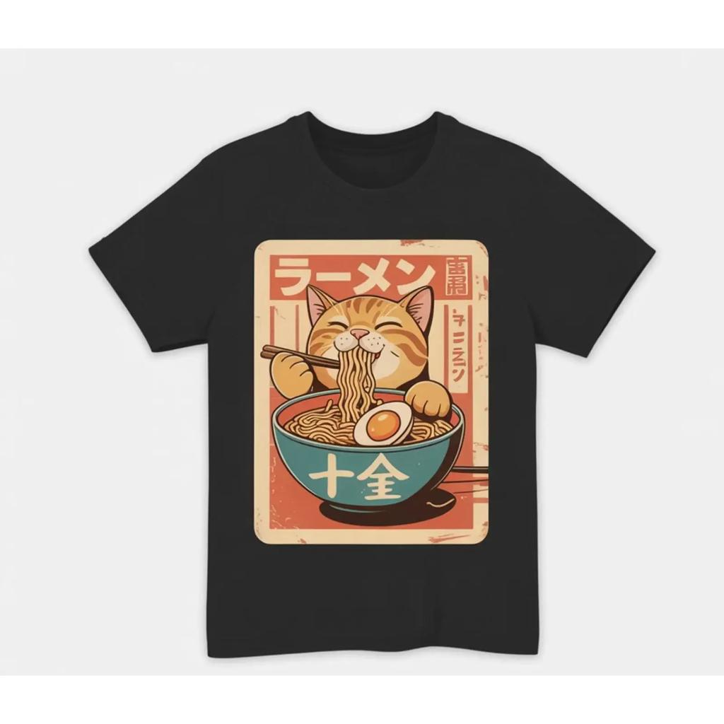 Cat Ramen Funny Japanese Vintage T Shirt Kawaii Anime Vintage Washed Graphic Comfortable Stretc