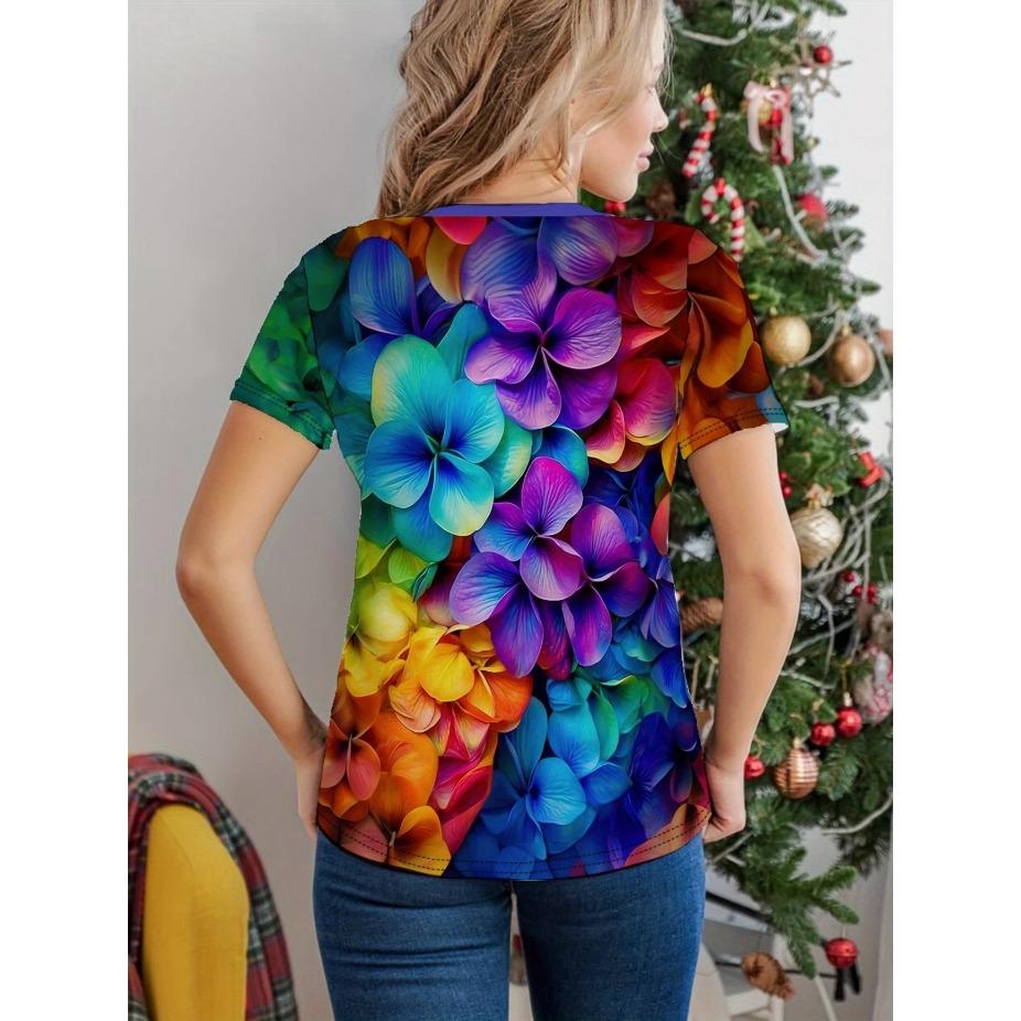 Damski T-shirt Wzór Motyla i Kwiatów Nadruk - Wygodny Krótki Rękaw Okrągły Dekolt Moda Druk 3D