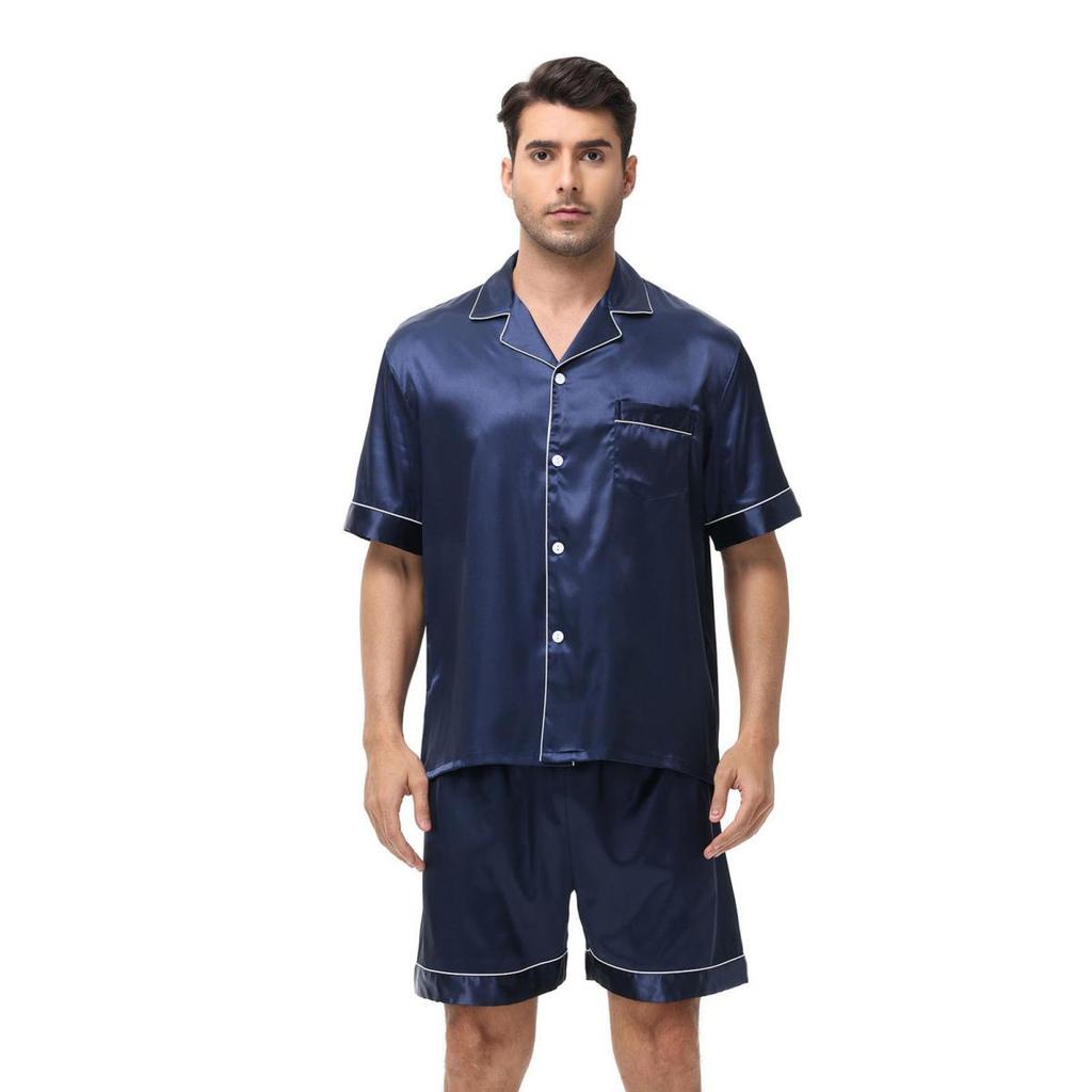 Yousheng 2Pcs/Set Men Pajamas Set Lapel Short Sleeve Single Breasted Tops Elastic Waist Shorts Set Solid Color Satin Sleepwear