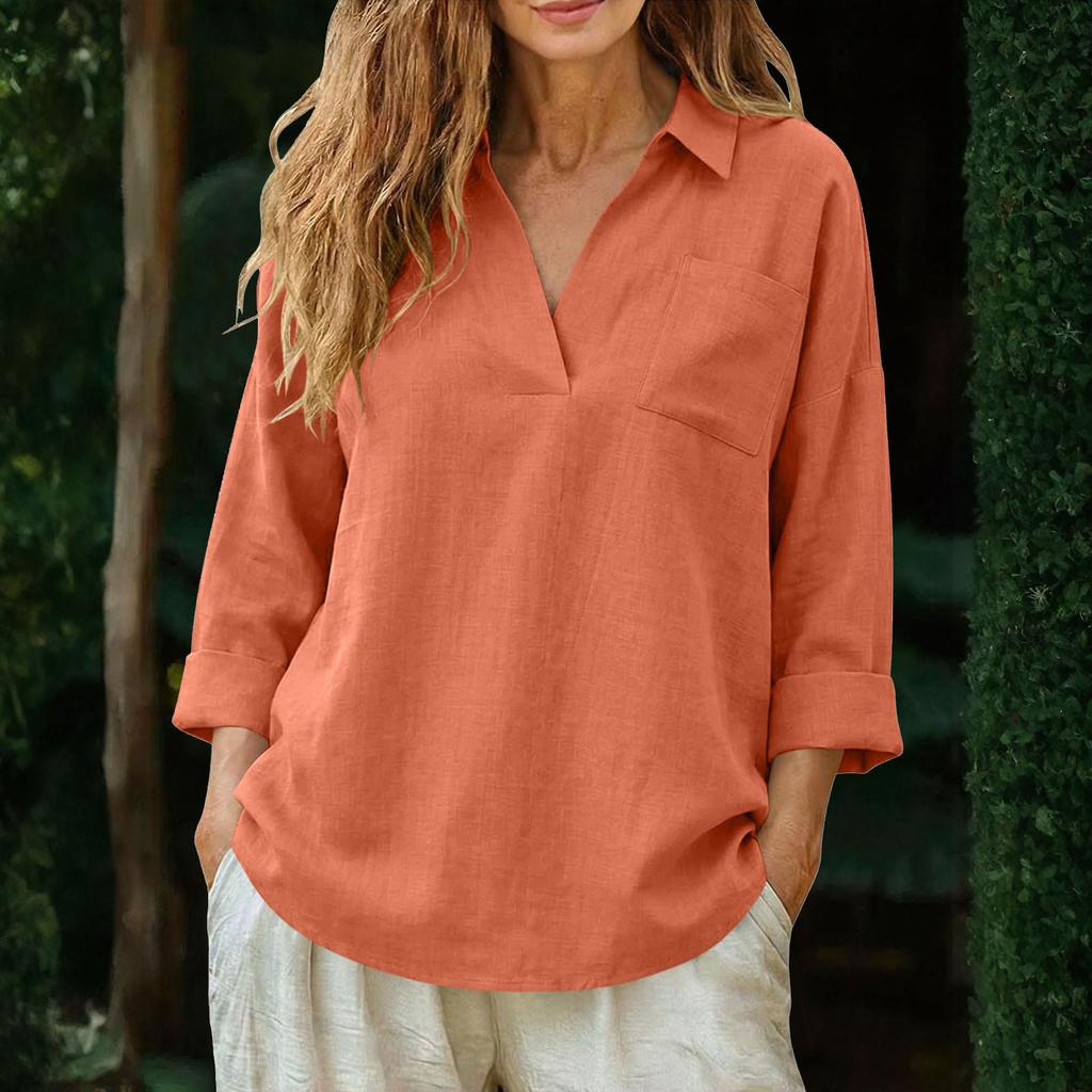 Women's Loose-Fit Cotton-Linen V-Neck Long-Sleeve Shirt With Pockets – -Color Casual Top