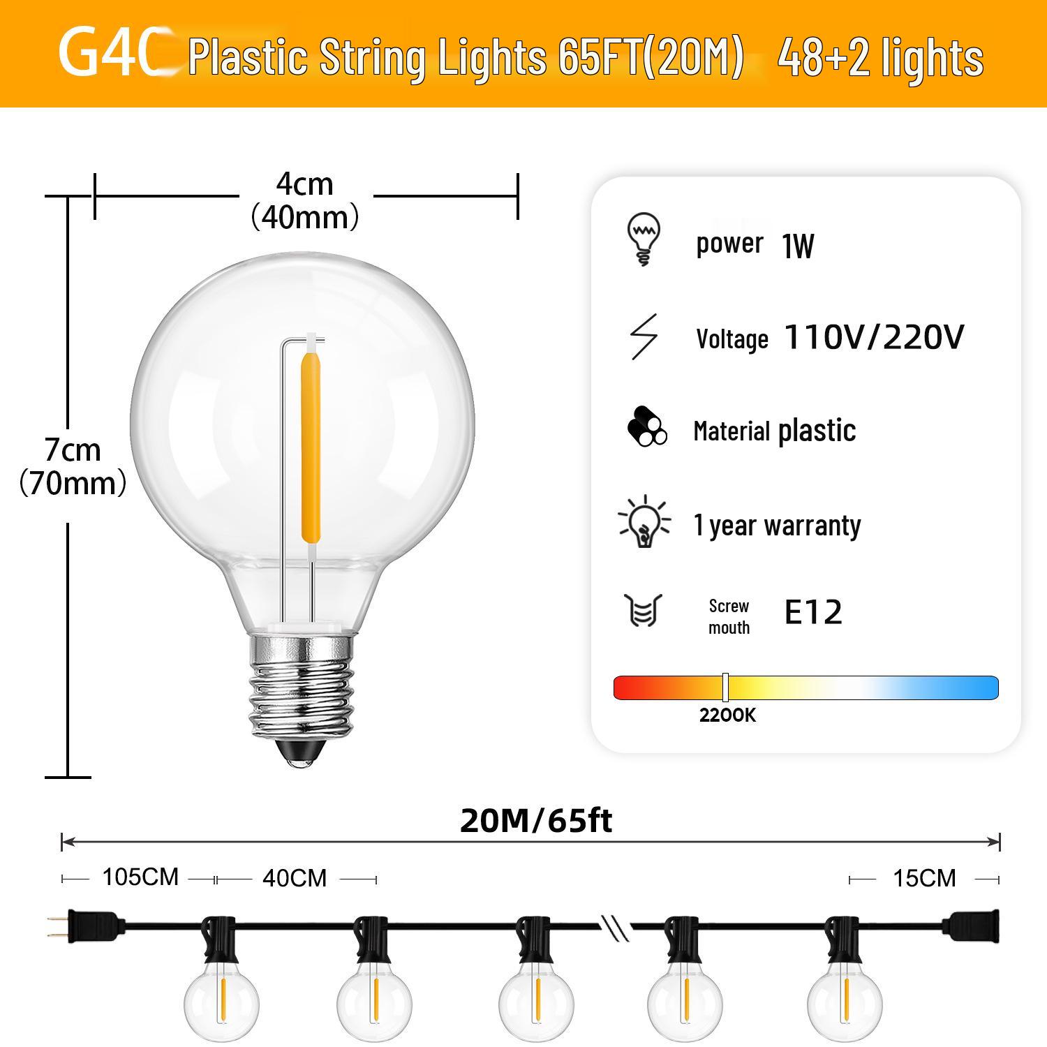 

Водонепроницаемые уличные гирлянды G40 - Идеально подходят для кемпинга, украшения двора и создания рождественской атмосферы EU Standard - 220V