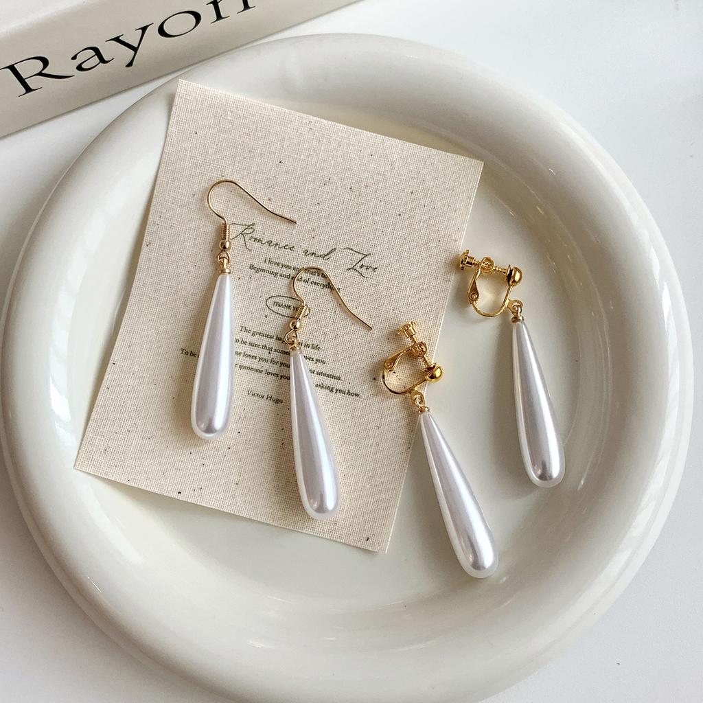 French Pearl Water Drop Long Clip On Earrings Without Ears Hole Women's Elegant Temperament Pearl Earrings No Pierced Earclips