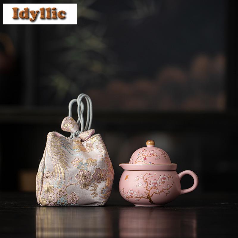 Imitation Song Ru Kiln Pink Jade Magnolia Travel Tea Set Kit Retro 1 Pot 3 Cups Tea Maker Organizer Portable Outdoor Stock Bags