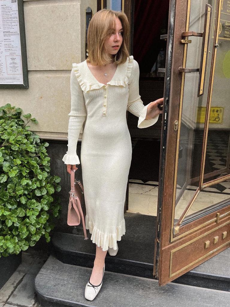 Vintage Women's Dress with Ruffle Edge Knitted Dress Autumn and Winter Wool Dress
