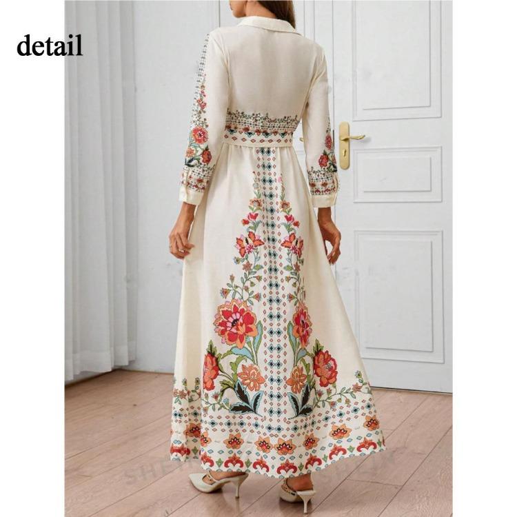 Damen Sommer Maxikleid mit Blumendruck Lässiges lockeres Langarm Hemdkleid mit Knopfleiste, Bindegürtel und Puffärmeln