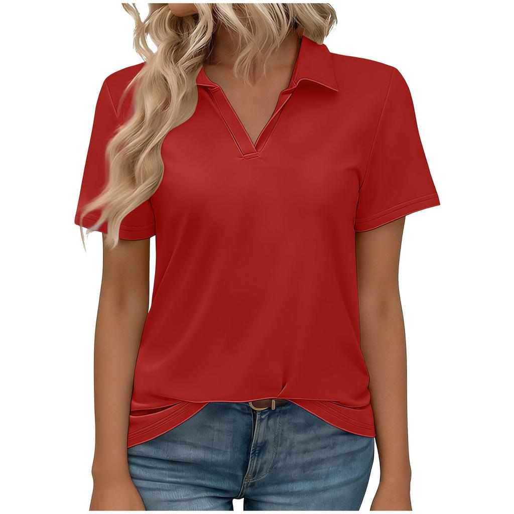 Women’s Short Sleeve Polo Collar V Neck Casual Loose Fit Basic T Shirt Soft Lightweight Top for Daily Wear Work School